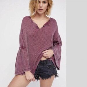 Free People Dahlia Oversized Thermal Waffle Knit Bell Sleeve Top Medium